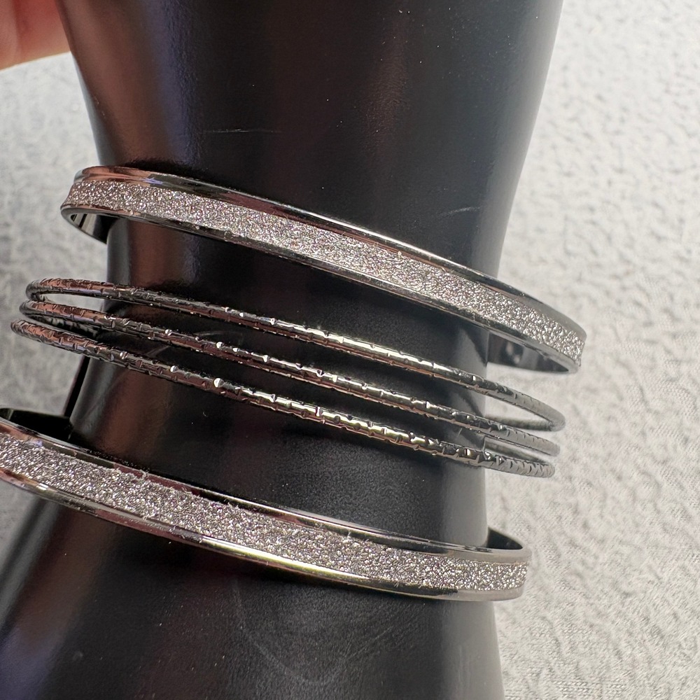 Gunmetal Multi Strand Cuff Bracelet Glitter Textured Layered Caged Bangle Womens